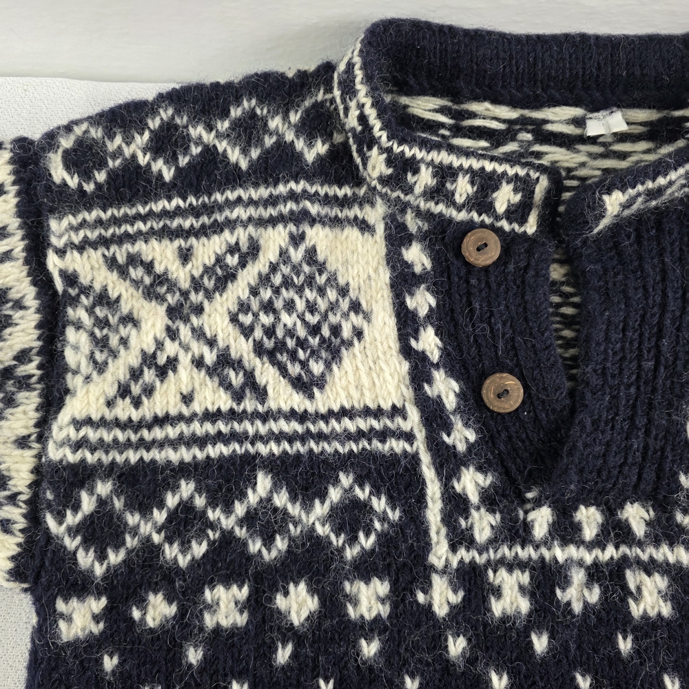 Nepal Men's Chunky Hand Knit Wool Sweater Black White Nordic Pattern - Picture 6 of 12